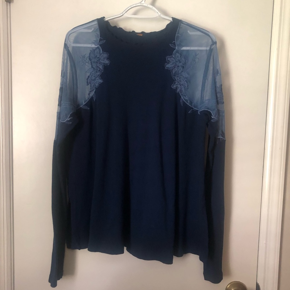 Free People Daniella Lace Shoulder Blue Long Sleeve Top Size L